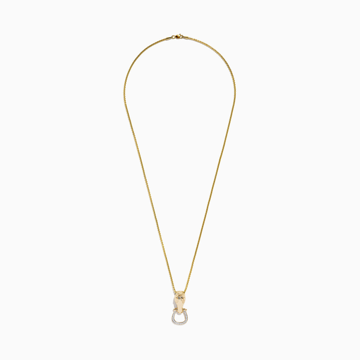 The Mens 14K Yellow Gold Diamond Horse Pendant features a horses head holding a horseshoe ring set with small white diamonds.