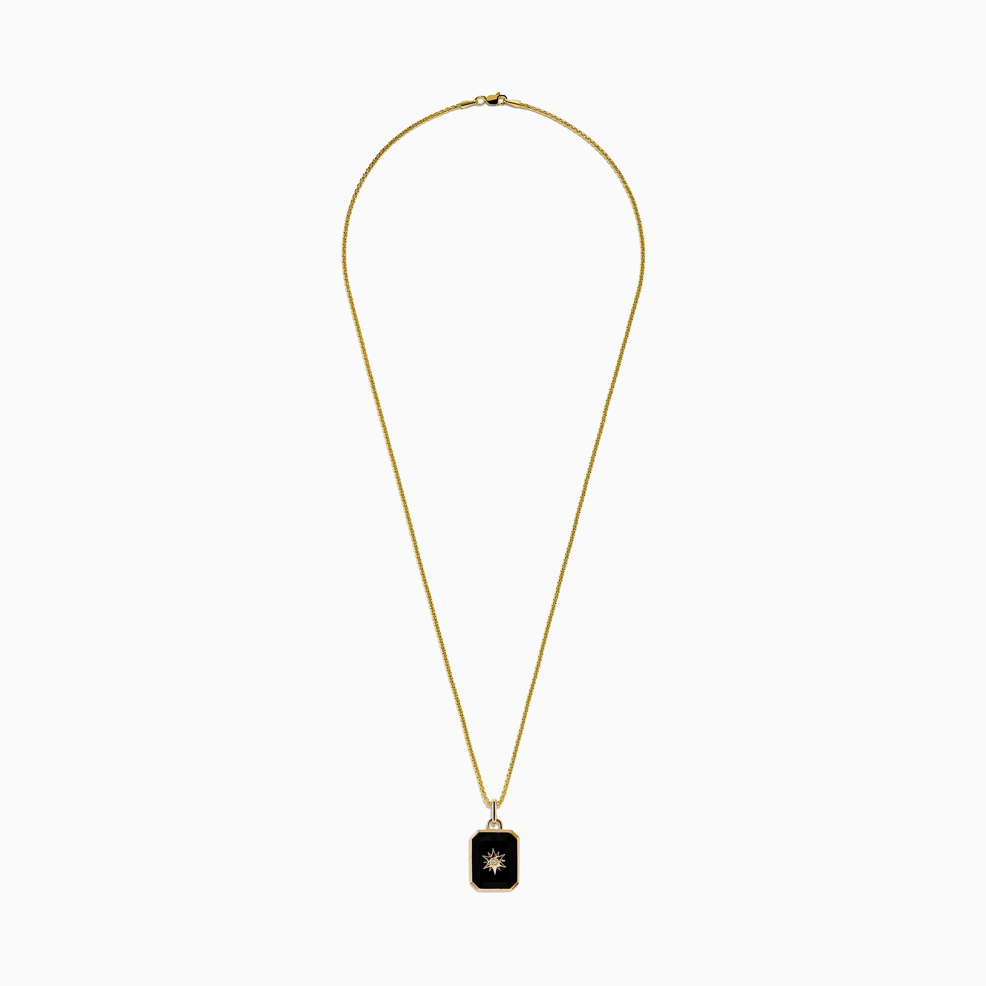 A 14K yellow gold agate and diamond pendant necklace with a rectangular black agate, gold starburst design, and a small central diamond, shown on a plain white background.