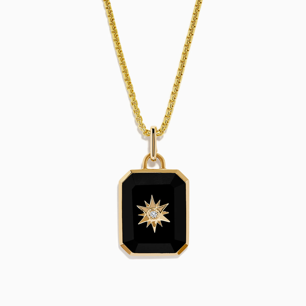 A 14K yellow gold agate and diamond pendant necklace with a rectangular black agate, gold starburst design, and a small central diamond, shown on a plain white background.