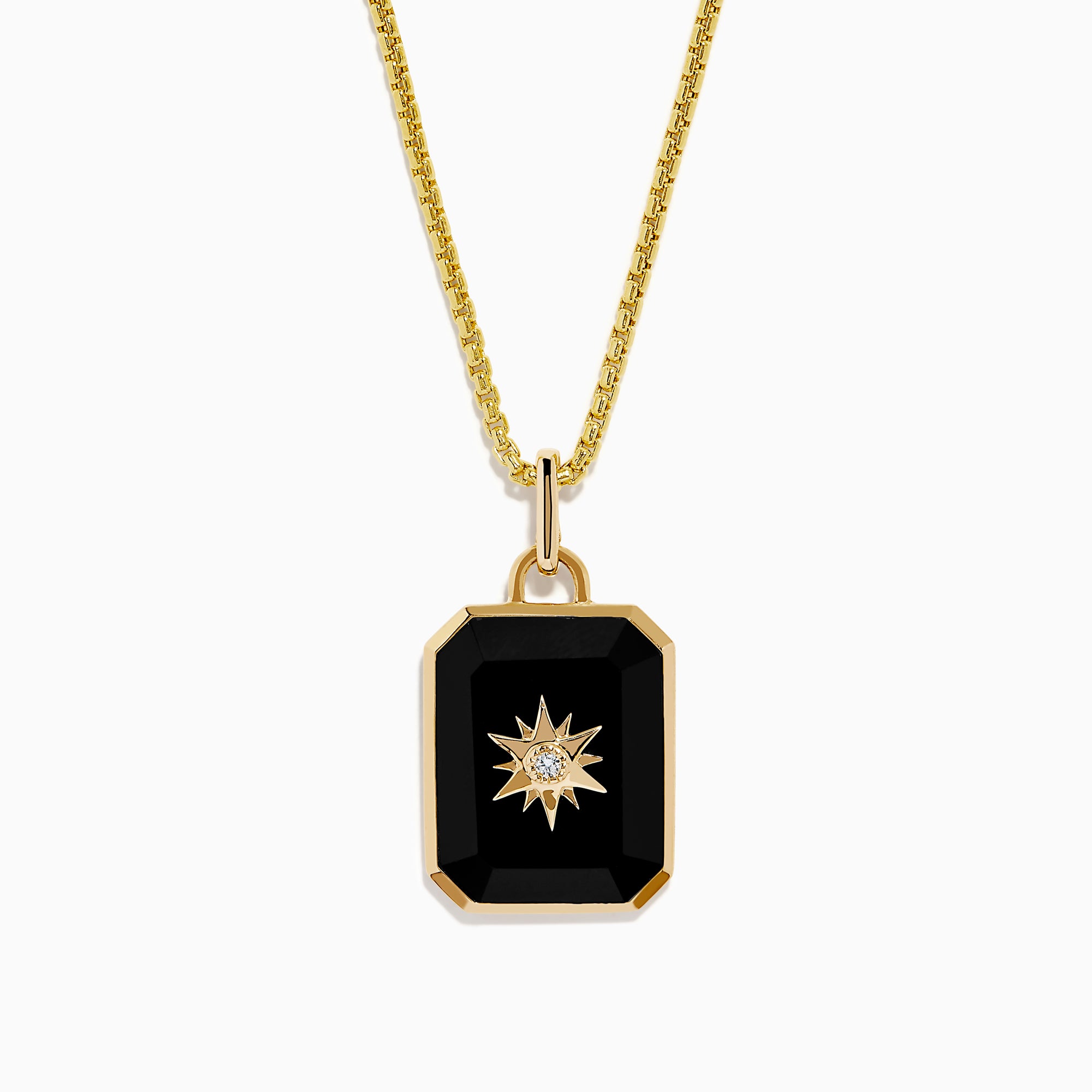 A 14K yellow gold agate and diamond pendant necklace with a rectangular black agate, gold starburst design, and a small central diamond, shown on a plain white background.