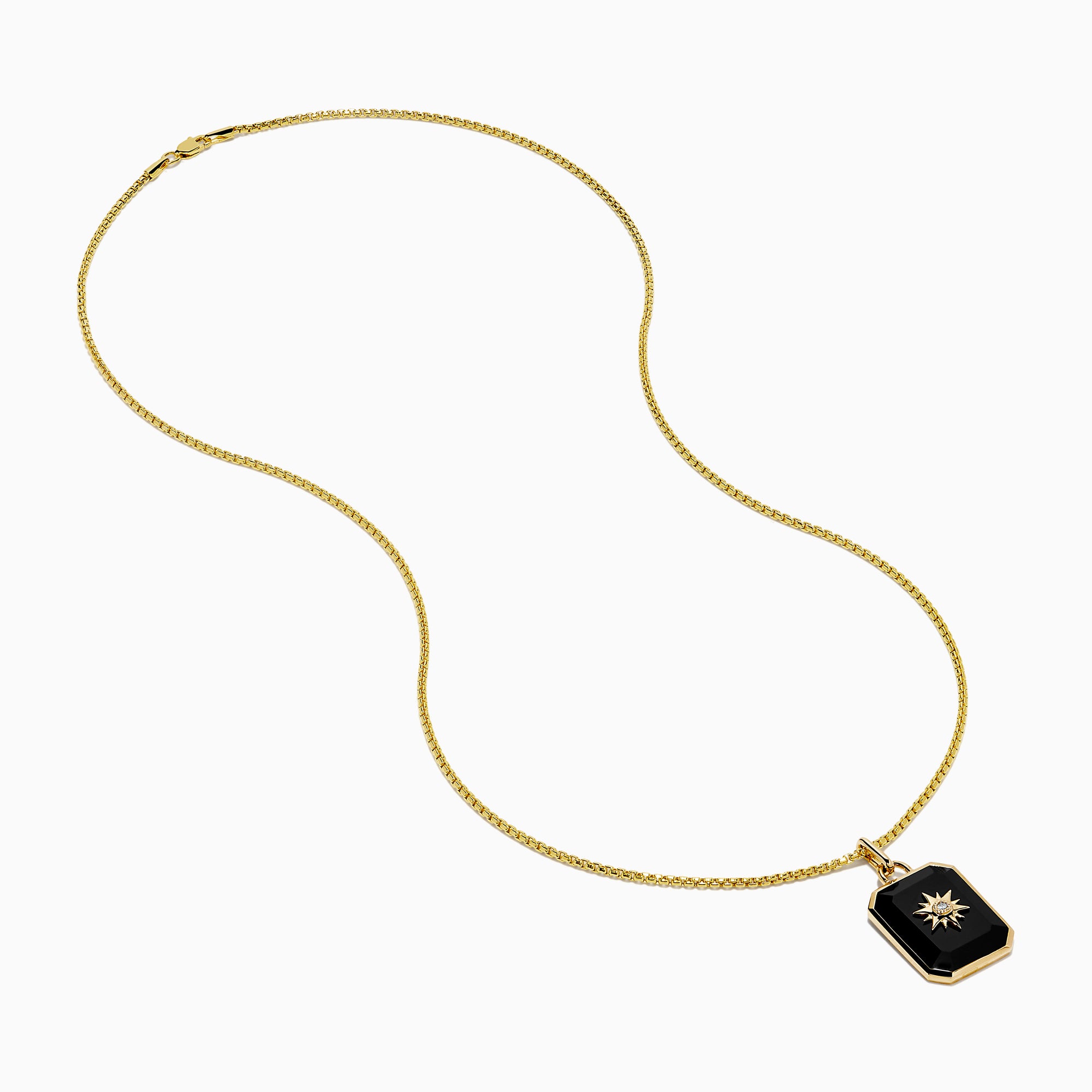A 14K yellow gold agate and diamond pendant necklace with a rectangular black agate, gold starburst design, and a small central diamond, shown on a plain white background.