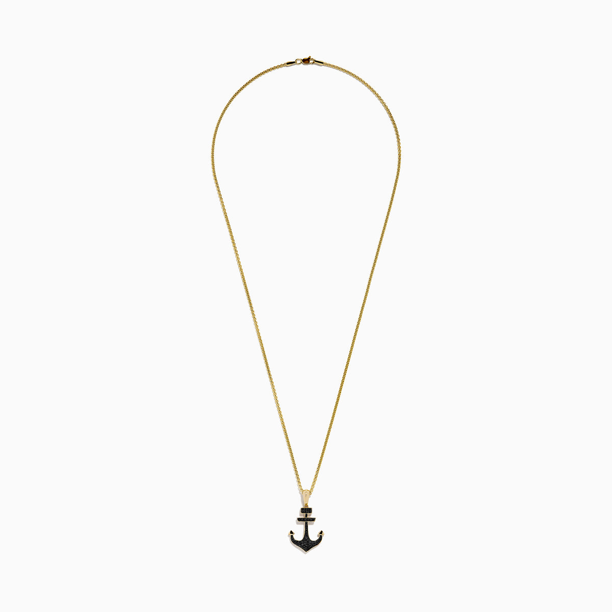 The Men's 14K Yellow Gold Black Diamond Anchor Pendant features a yellow gold chain and an anchor-shaped pendant adorned with small black diamonds, geometric details at the top, and pointed arrow-like ends.