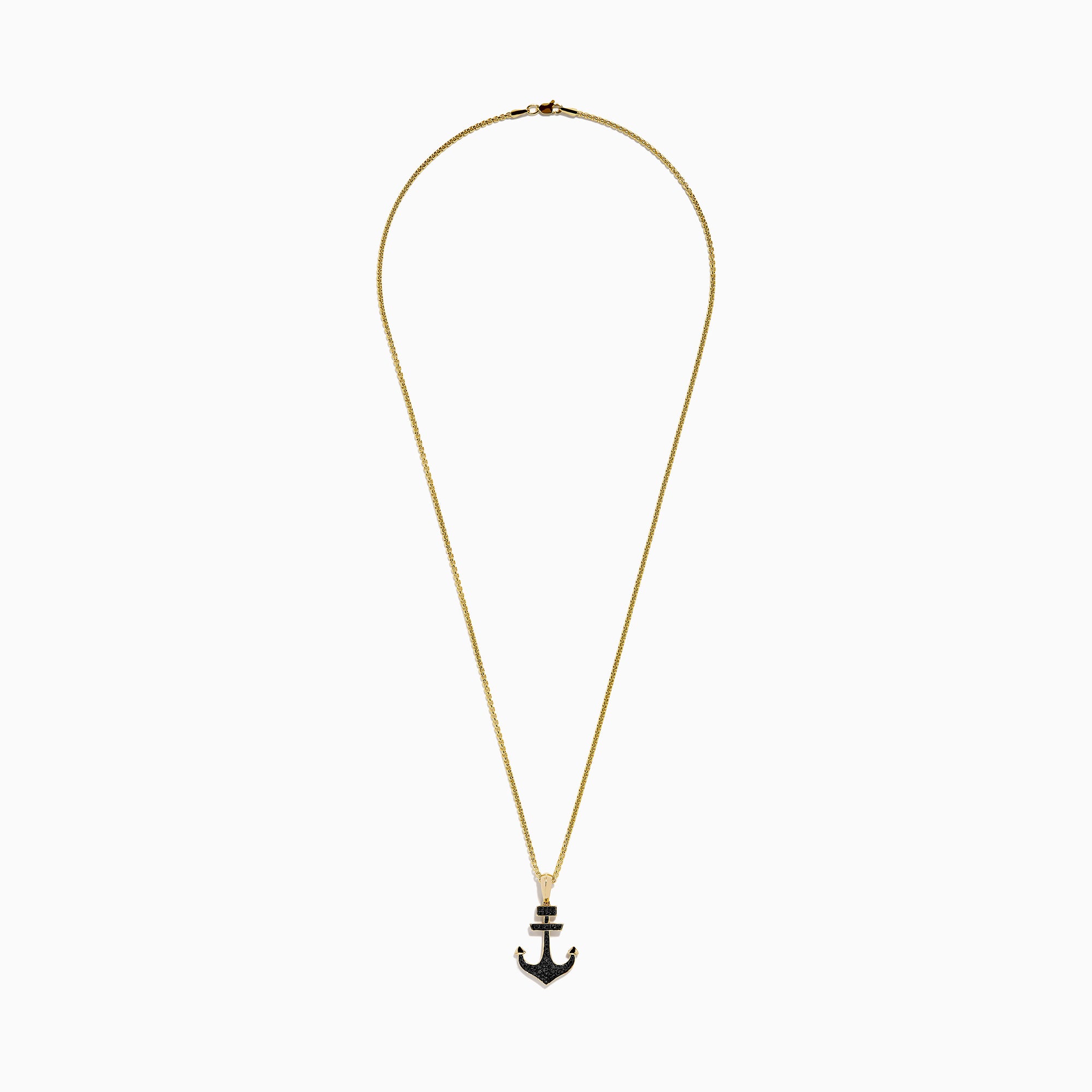 The Men's 14K Yellow Gold Black Diamond Anchor Pendant features a yellow gold chain and an anchor-shaped pendant adorned with small black diamonds, geometric details at the top, and pointed arrow-like ends.