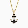The Men's 14K Yellow Gold Black Diamond Anchor Pendant features a yellow gold chain and an anchor-shaped pendant adorned with small black diamonds, geometric details at the top, and pointed arrow-like ends.