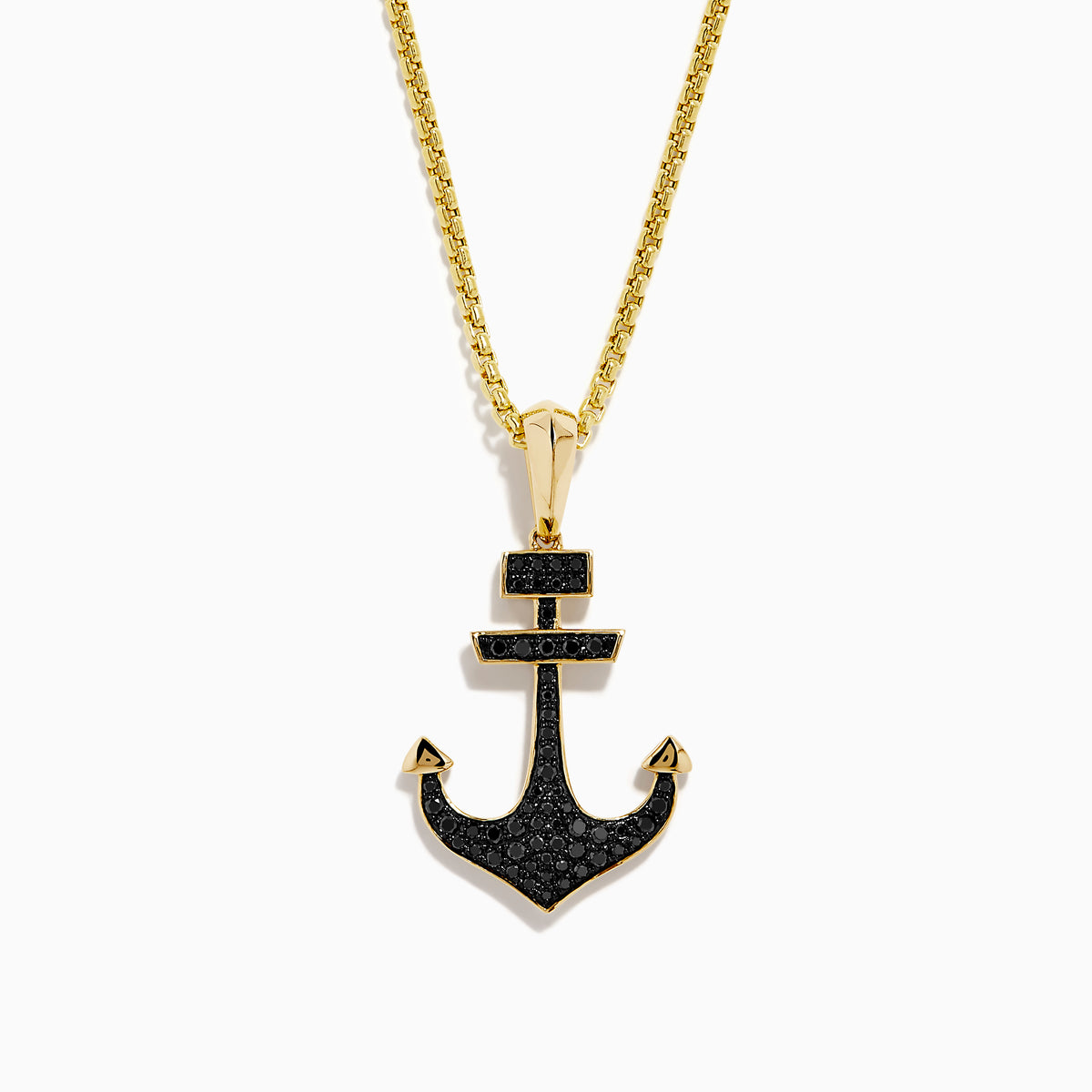 The Men's 14K Yellow Gold Black Diamond Anchor Pendant features a yellow gold chain and an anchor-shaped pendant adorned with small black diamonds, geometric details at the top, and pointed arrow-like ends.