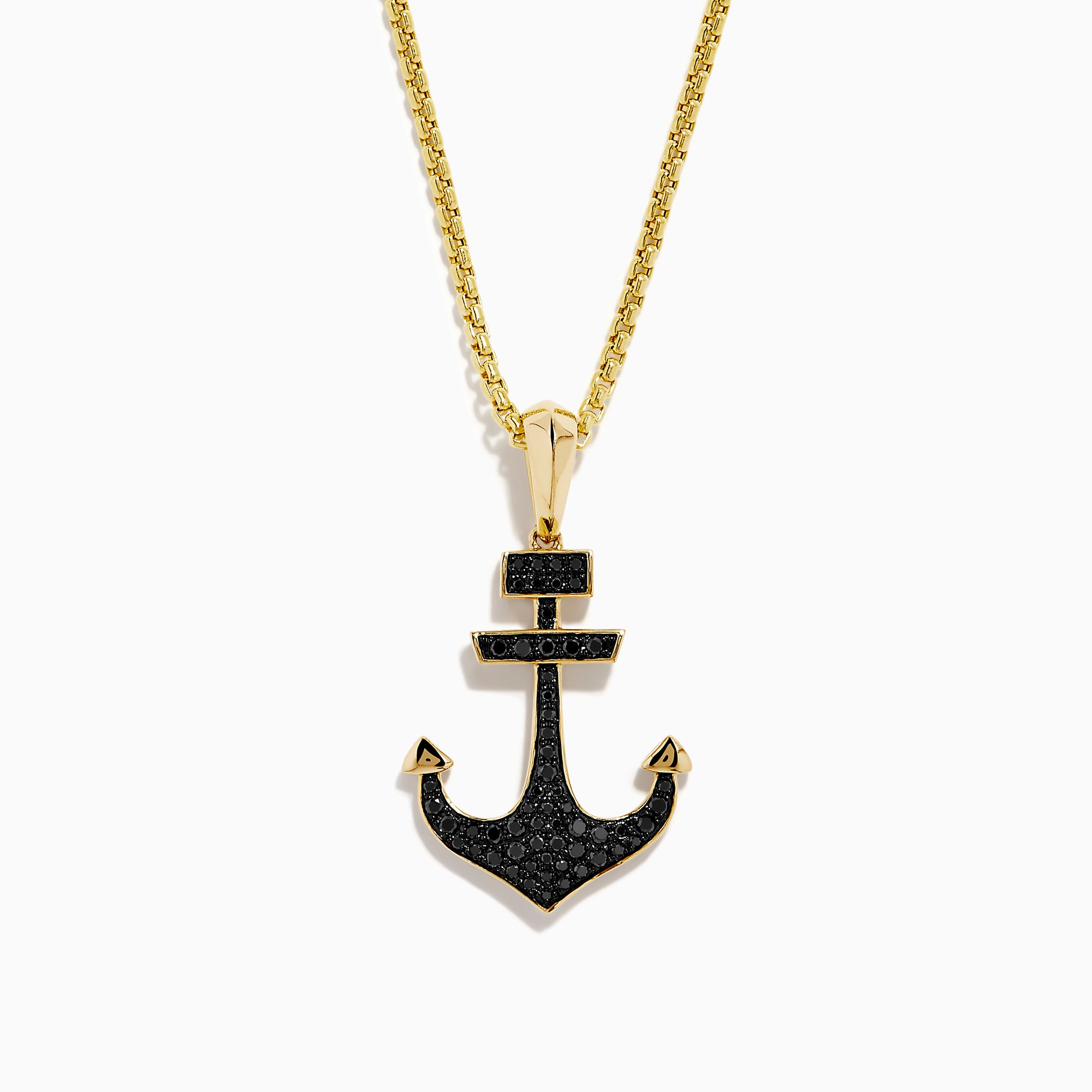 The Men's 14K Yellow Gold Black Diamond Anchor Pendant features a yellow gold chain and an anchor-shaped pendant adorned with small black diamonds, geometric details at the top, and pointed arrow-like ends.