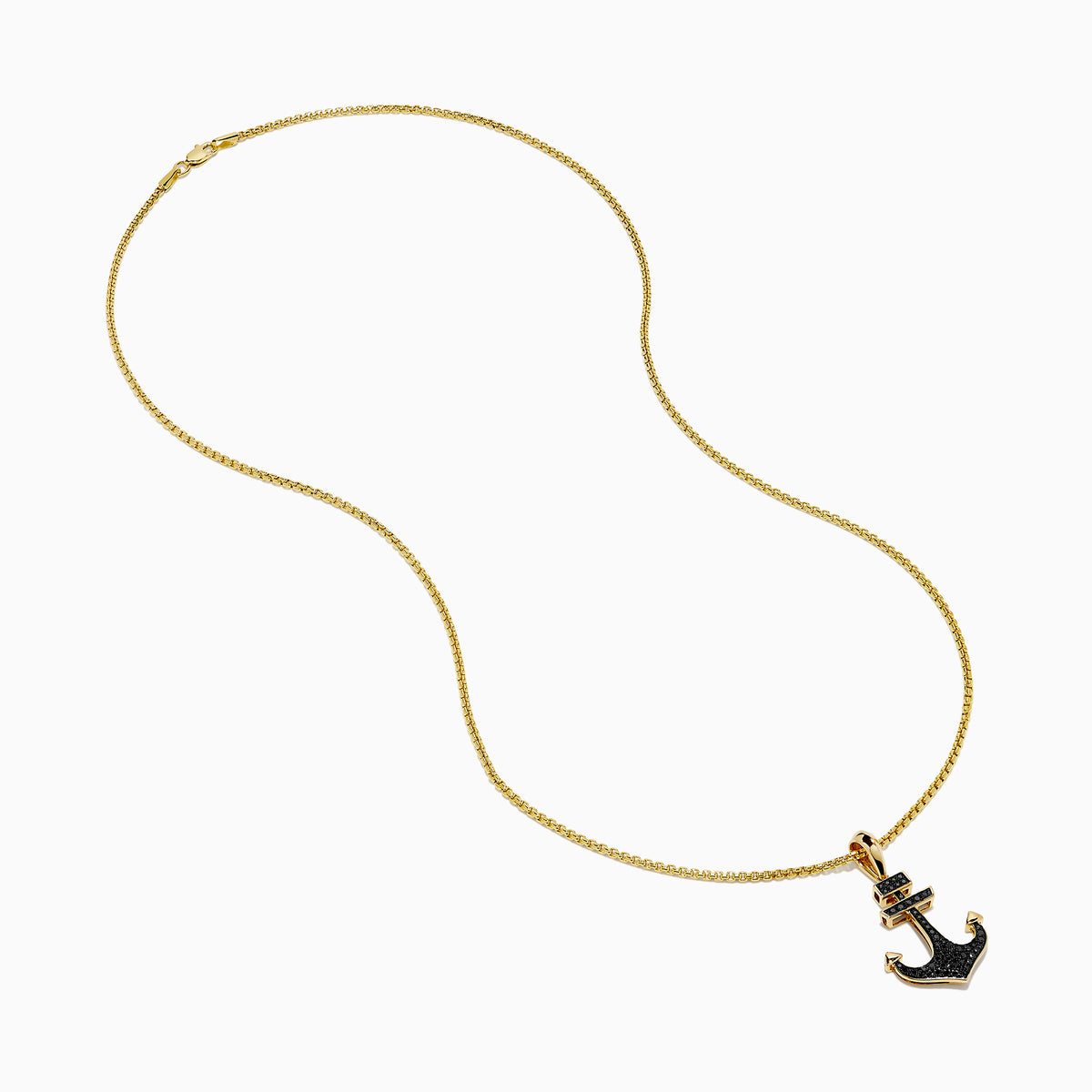 The Men's 14K Yellow Gold Black Diamond Anchor Pendant features a yellow gold chain and an anchor-shaped pendant adorned with small black diamonds, geometric details at the top, and pointed arrow-like ends.