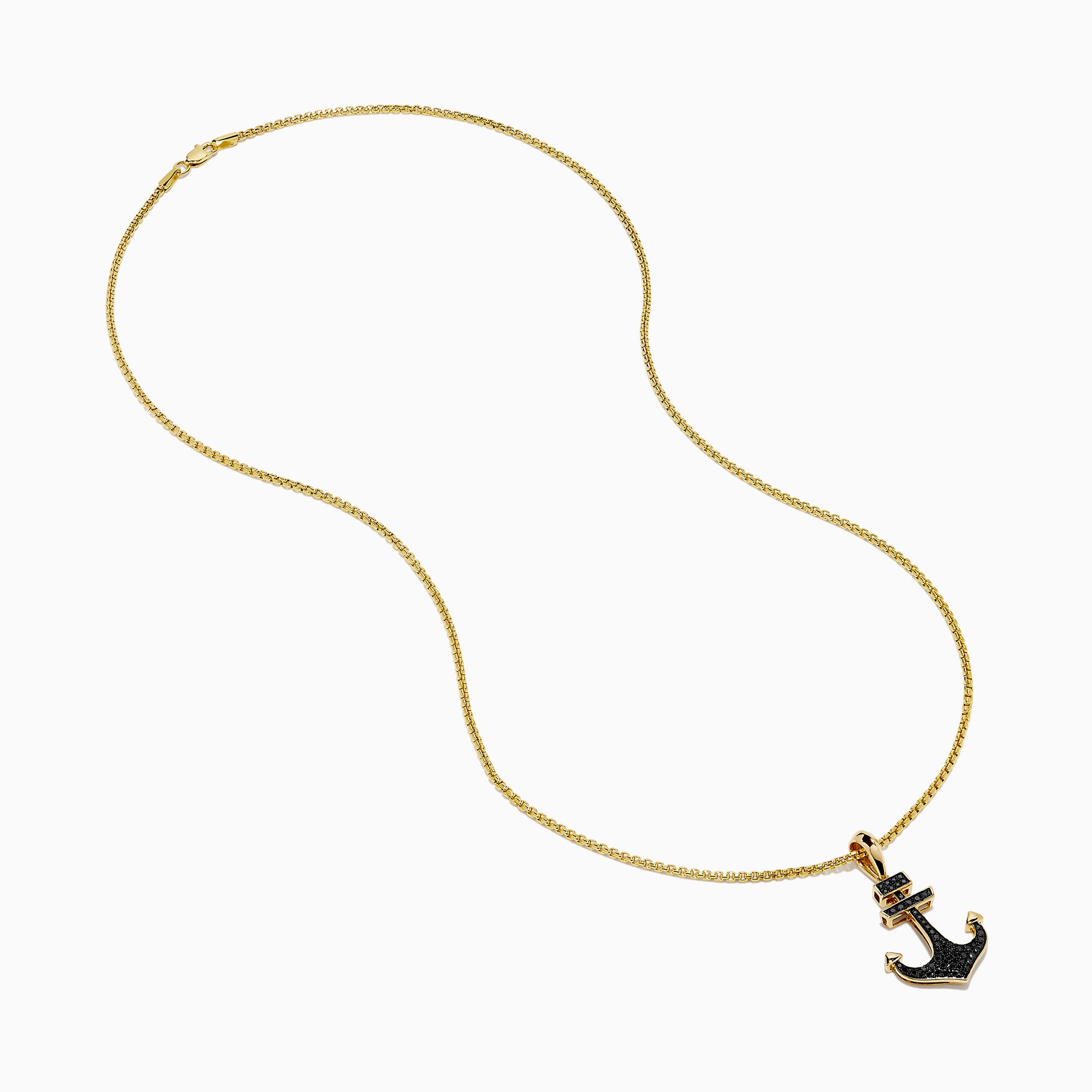 The Men's 14K Yellow Gold Black Diamond Anchor Pendant features a yellow gold chain and an anchor-shaped pendant adorned with small black diamonds, geometric details at the top, and pointed arrow-like ends.