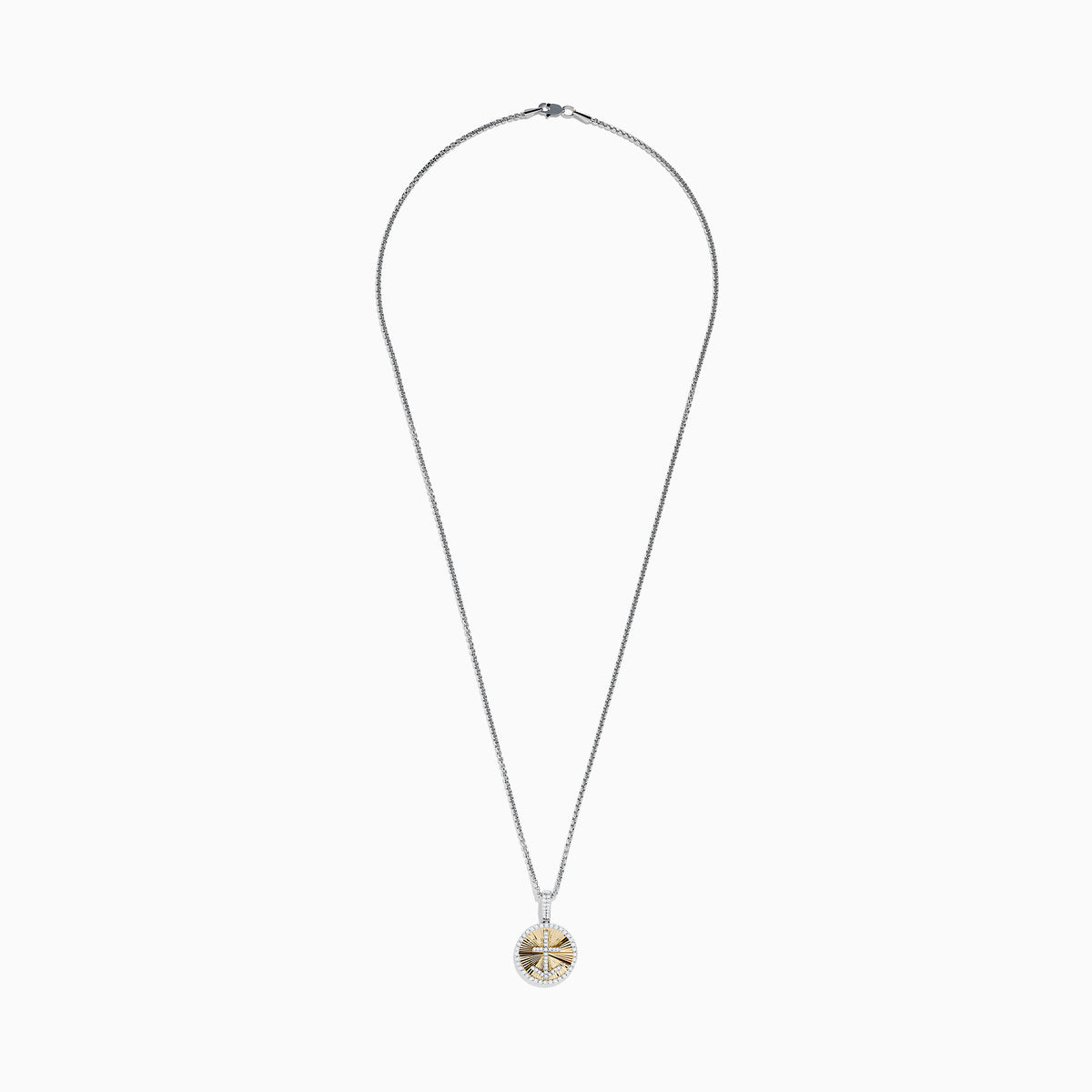 This Novelty 14K white and yellow gold coin pendant features a diamond anchor at the center of a gold sunburst design, all set on a silver chain and surrounded by a border of sparkling diamonds.