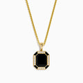 Men’s 14K Yellow Gold Onyx and Diamond Pendant featuring a rectangular onyx center, bordered by a halo of diamonds with geometric, elegant design.