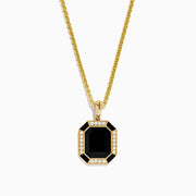 Men’s 14K Yellow Gold Onyx and Diamond Pendant featuring a rectangular onyx center, bordered by a halo of diamonds with geometric, elegant design.
