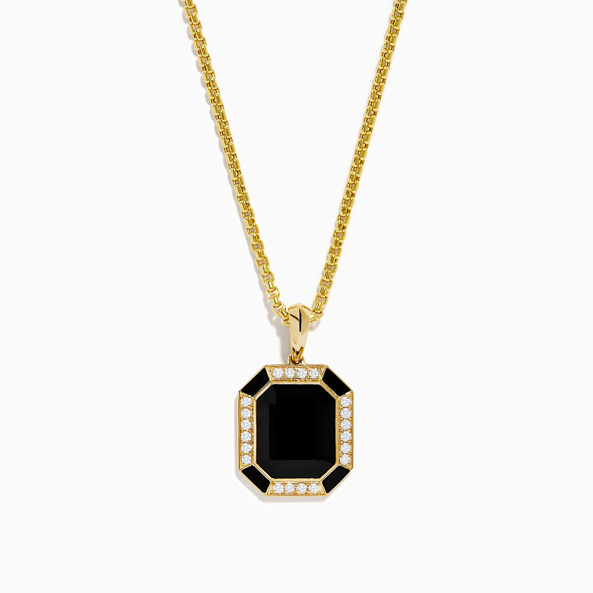 Men’s 14K Yellow Gold Onyx and Diamond Pendant featuring a rectangular onyx center, bordered by a halo of diamonds with geometric, elegant design.