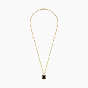 Men’s 14K Yellow Gold Onyx and Diamond Pendant featuring a rectangular onyx center, bordered by a halo of diamonds with geometric, elegant design.