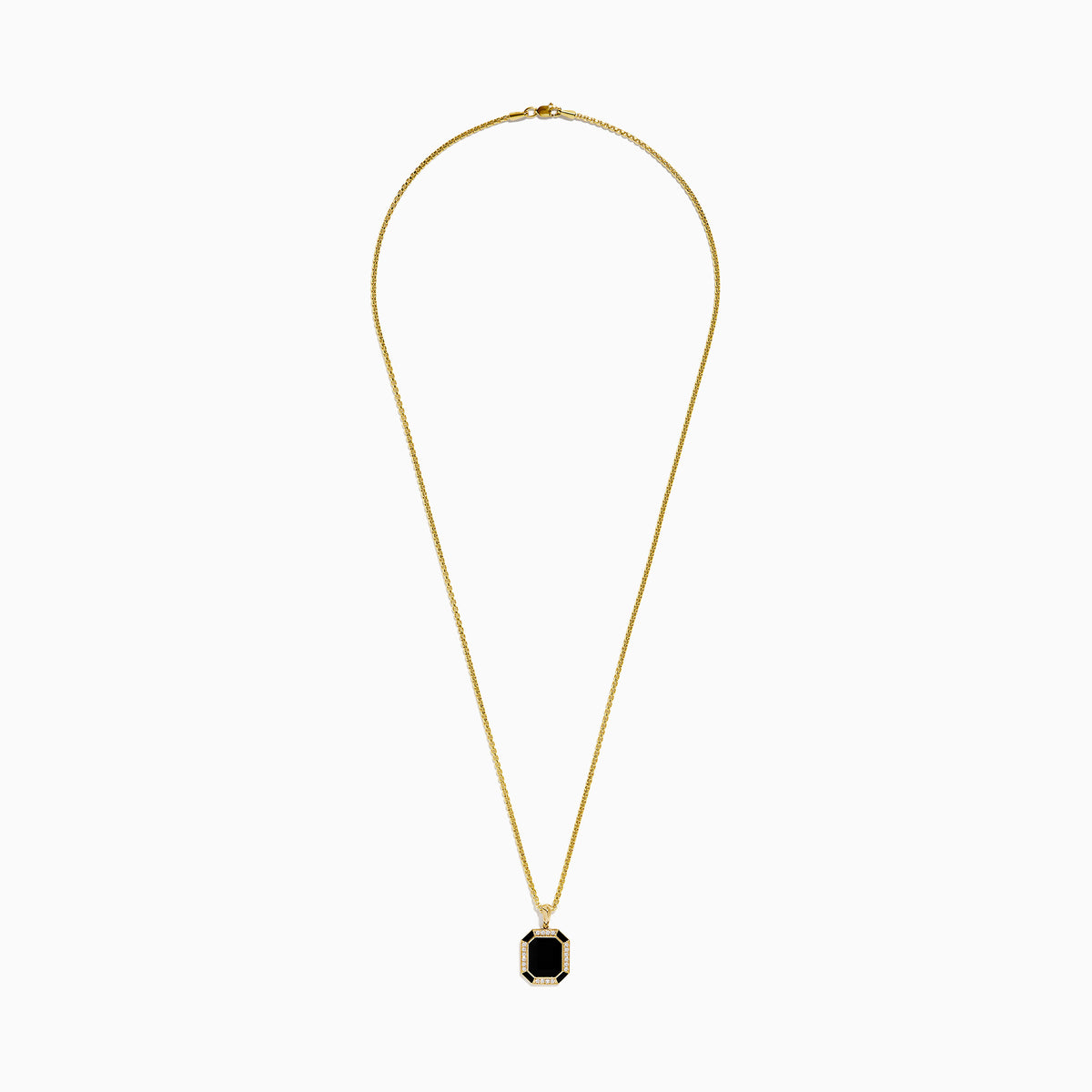 Men’s 14K Yellow Gold Onyx and Diamond Pendant featuring a rectangular onyx center, bordered by a halo of diamonds with geometric, elegant design.