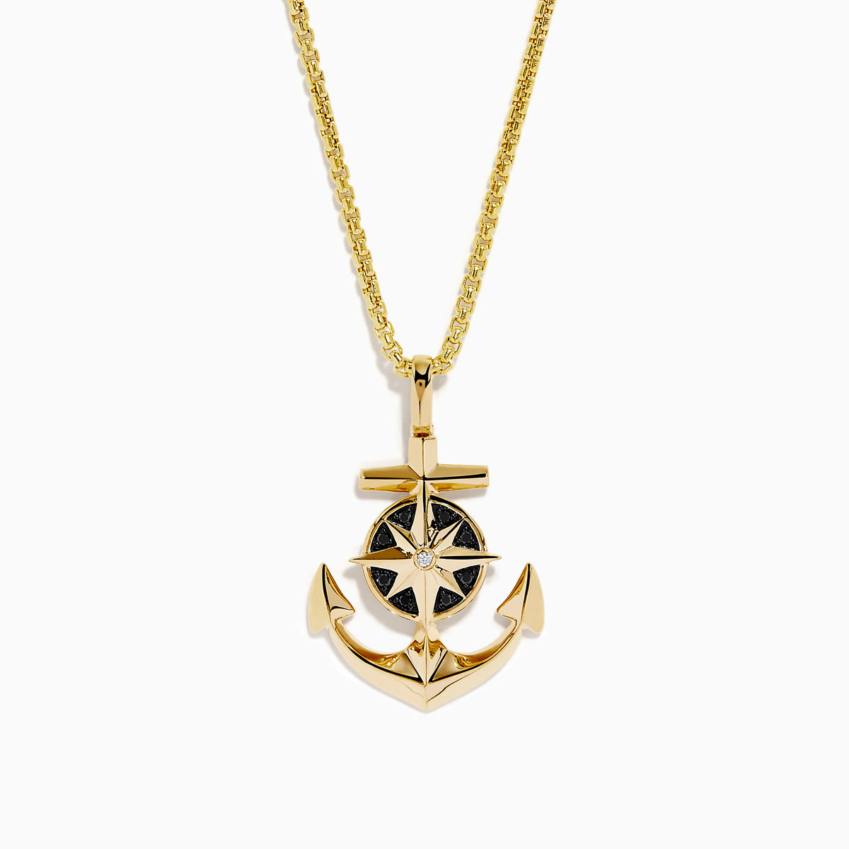 A Men's 14K yellow gold anchor pendant with black and white diamonds, displayed on a white background.