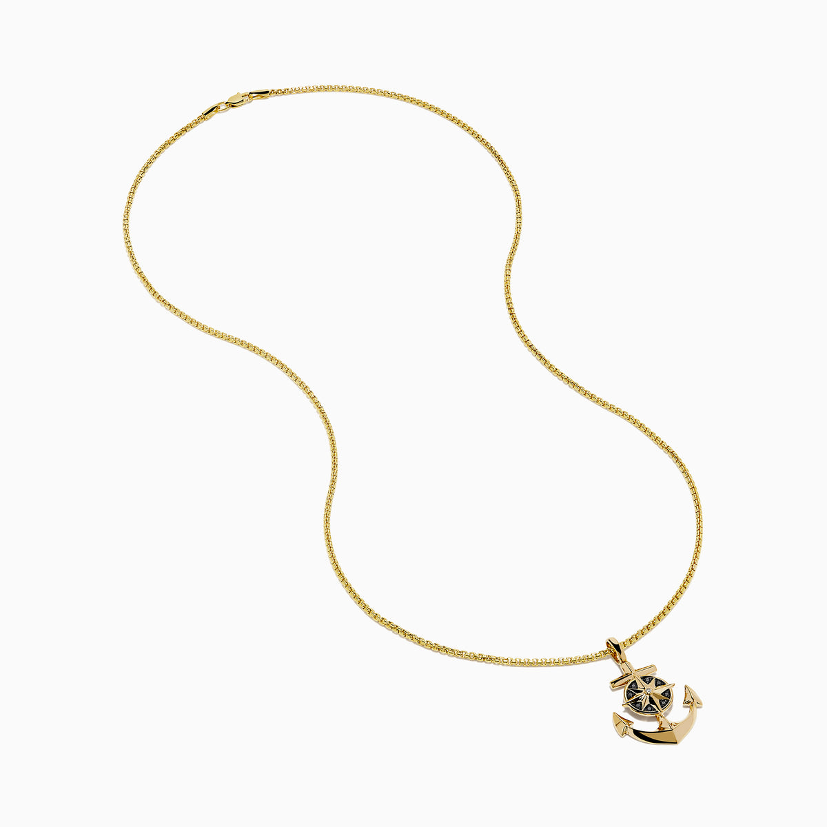 A Men's 14K yellow gold anchor pendant with black and white diamonds, displayed on a white background.