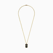 Men's 14K yellow gold dog tag pendant with blue, white, and diamond evil eye design.