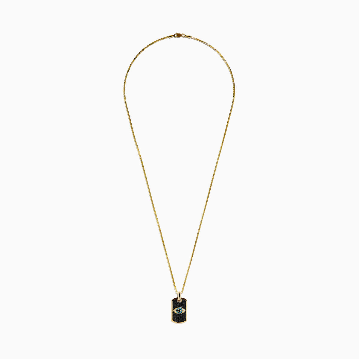 Men's 14K yellow gold dog tag pendant with blue, white, and diamond evil eye design.