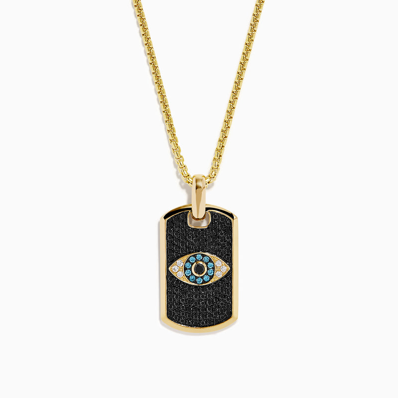 Men's 14K yellow gold dog tag pendant with blue, white, and diamond evil eye design.
