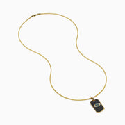 Men's 14K yellow gold dog tag pendant with blue, white, and diamond evil eye design.
