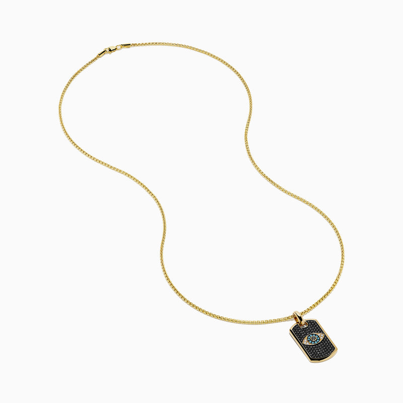 Men's 14K yellow gold dog tag pendant with blue, white, and diamond evil eye design.