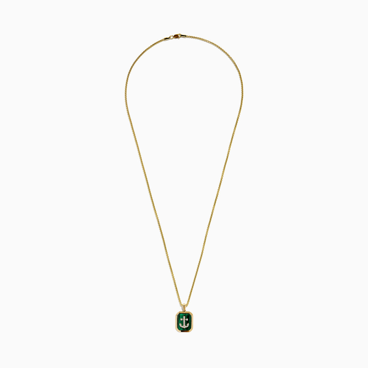 The Men's 14K Yellow Gold Malachite and Diamond Anchor Dog Tag Pendant features a rectangular malachite centerpiece and sparkling diamond accents in a stylish anchor dog tag design.