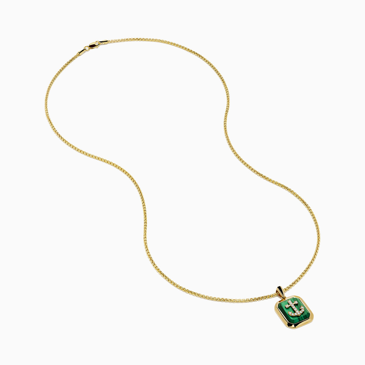 The Men's 14K Yellow Gold Malachite and Diamond Anchor Dog Tag Pendant features a rectangular malachite centerpiece and sparkling diamond accents in a stylish anchor dog tag design.