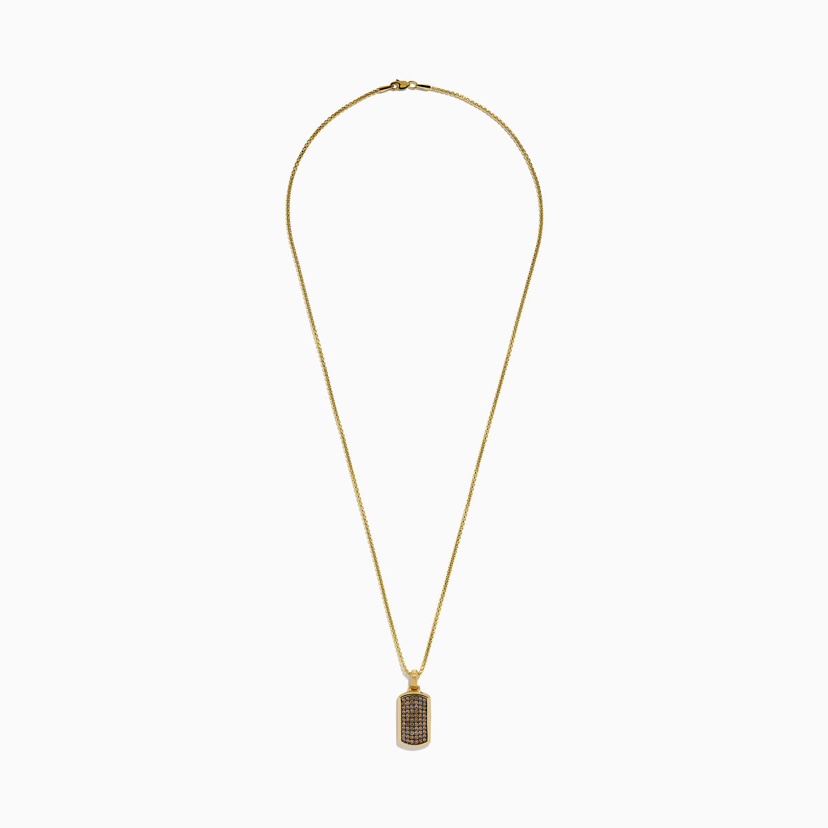 The Men's 14K Yellow Gold Brown Diamond Dog Tag Pendant features rows of small round brown diamonds set in a precise grid on a rectangular yellow gold dog tag.