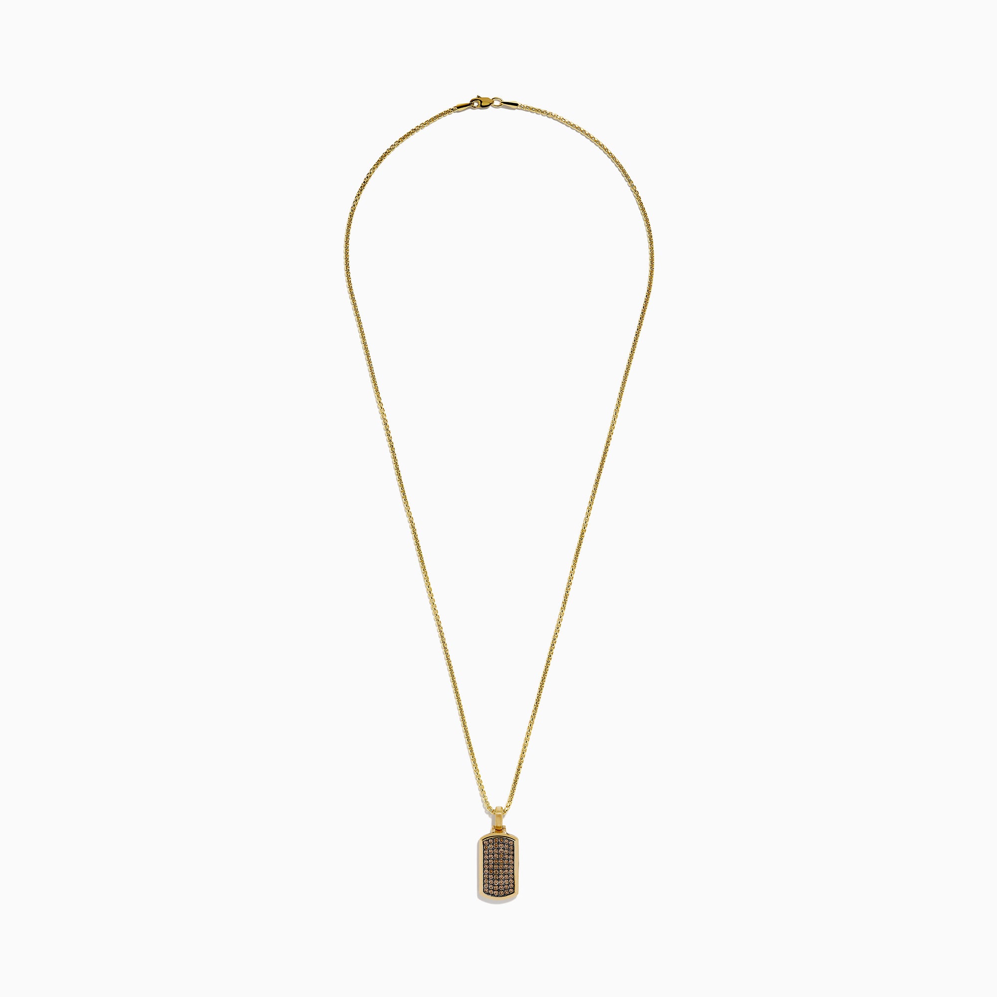 The Men's 14K Yellow Gold Brown Diamond Dog Tag Pendant features rows of small round brown diamonds set in a precise grid on a rectangular yellow gold dog tag.