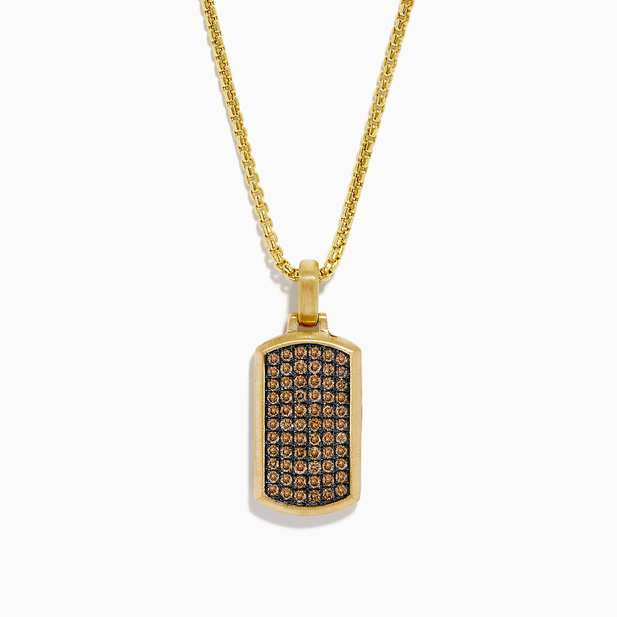 The Men's 14K Yellow Gold Brown Diamond Dog Tag Pendant features rows of small round brown diamonds set in a precise grid on a rectangular yellow gold dog tag.