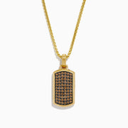 The Men's 14K Yellow Gold Brown Diamond Dog Tag Pendant features rows of small round brown diamonds set in a precise grid on a rectangular yellow gold dog tag.