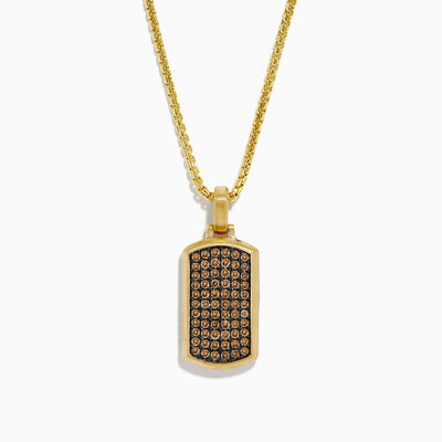 The Men's 14K Yellow Gold Brown Diamond Dog Tag Pendant features rows of small round brown diamonds set in a precise grid on a rectangular yellow gold dog tag.