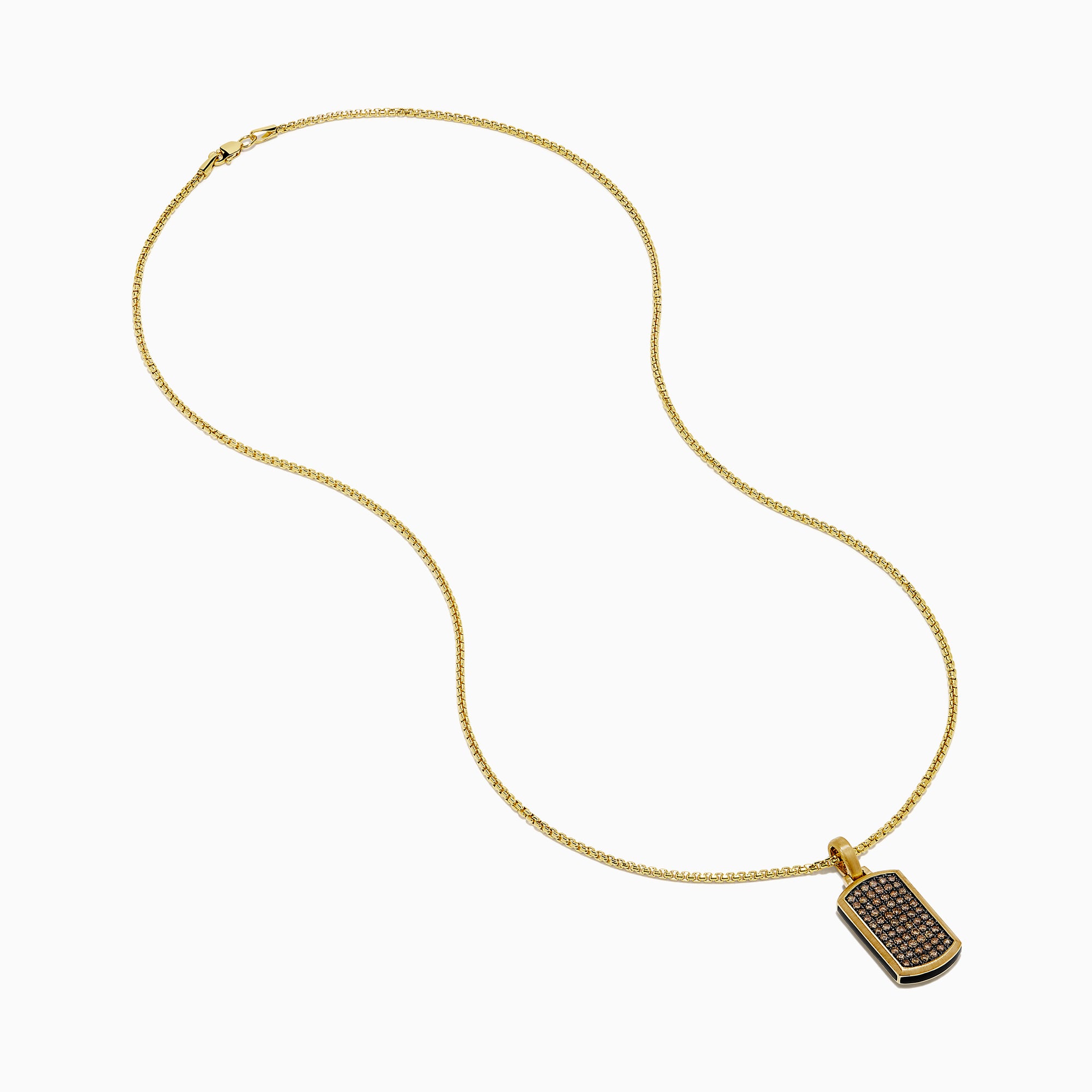 The Men's 14K Yellow Gold Brown Diamond Dog Tag Pendant features rows of small round brown diamonds set in a precise grid on a rectangular yellow gold dog tag.