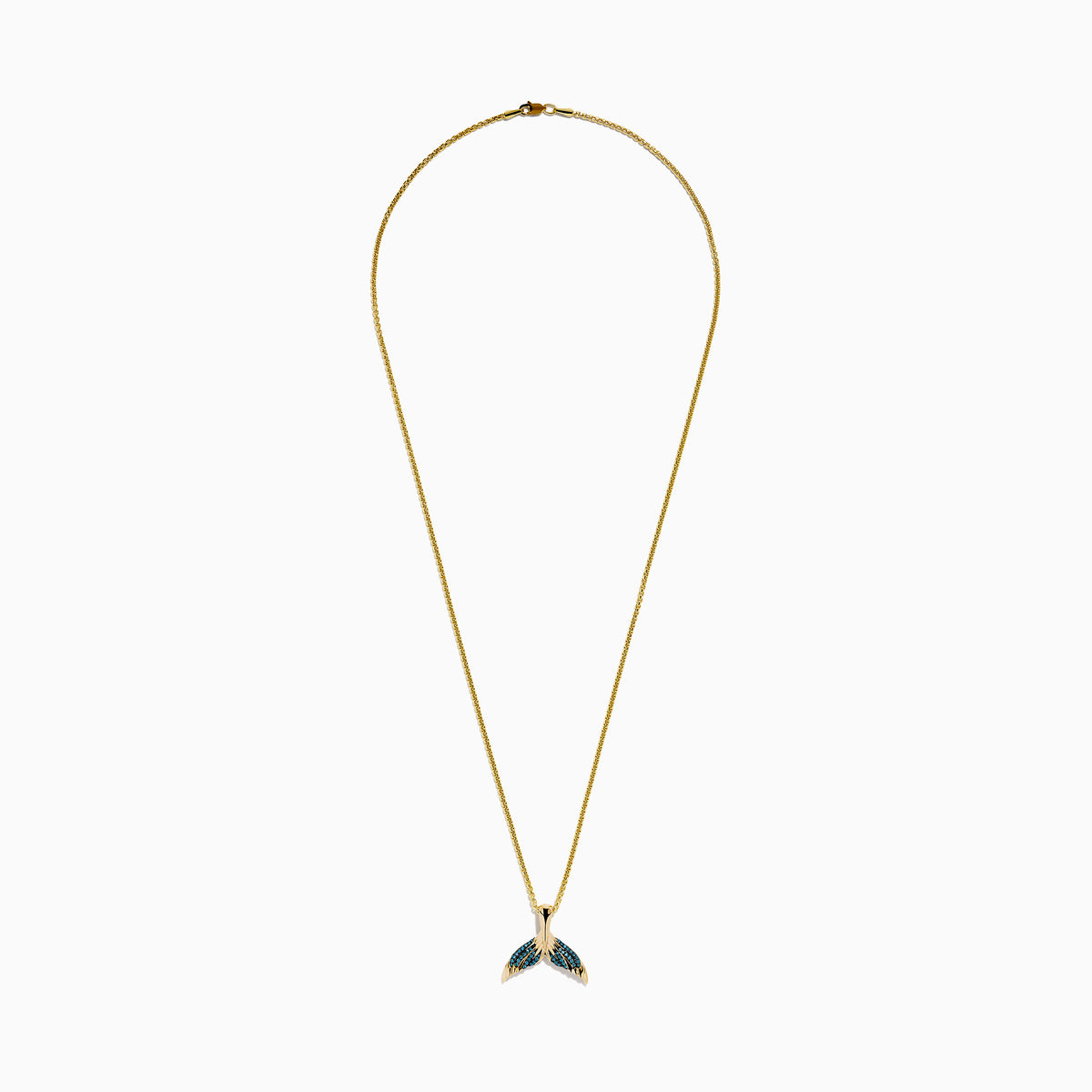 This men's 14K yellow gold necklace features a whales tail pendant accented with blue diamonds on each fin. Both the chain and pendant have a shiny, polished finish.