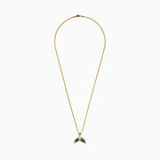 This men's 14K yellow gold necklace features a whales tail pendant accented with blue diamonds on each fin. Both the chain and pendant have a shiny, polished finish.