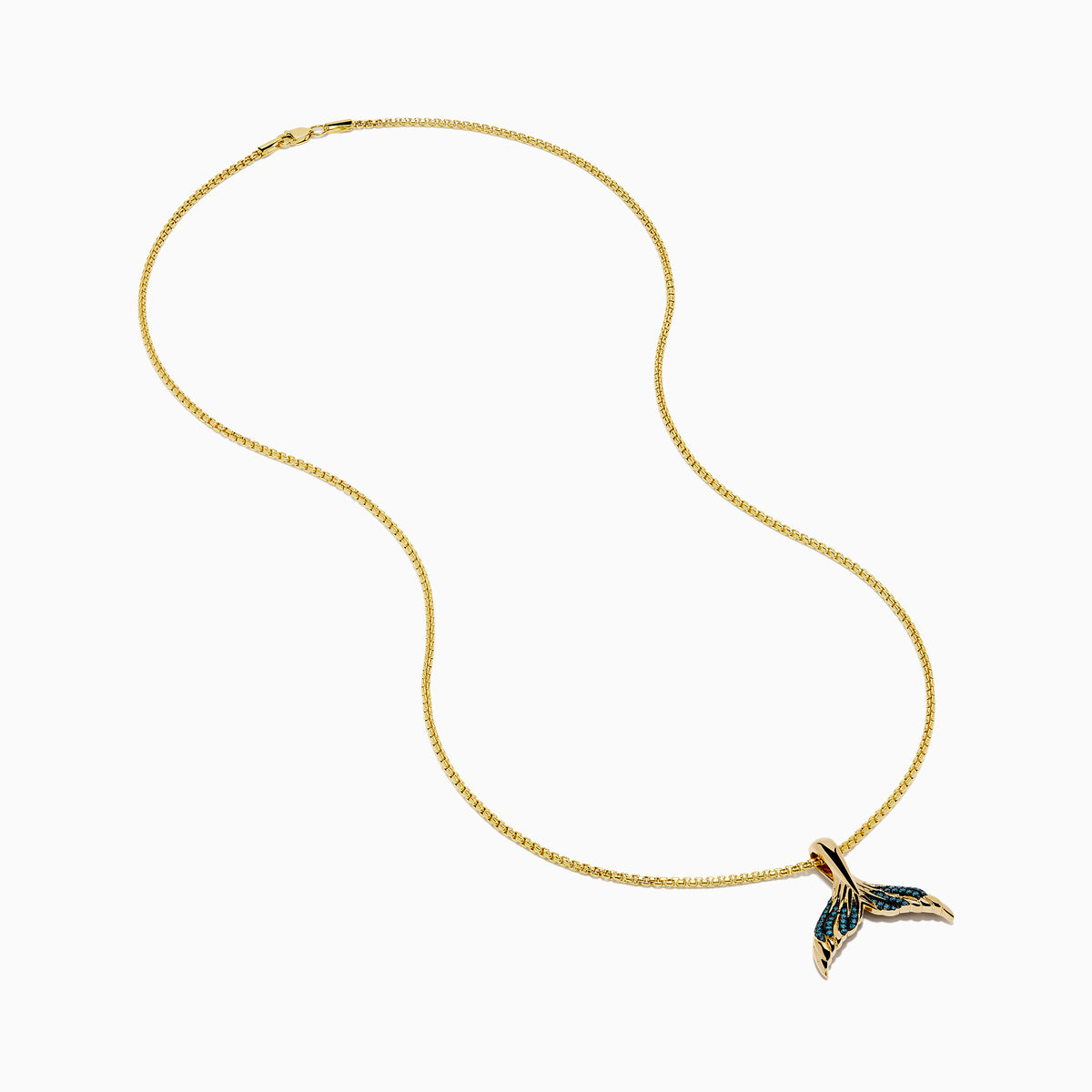 This men's 14K yellow gold necklace features a whales tail pendant accented with blue diamonds on each fin. Both the chain and pendant have a shiny, polished finish.
