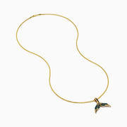 This men's 14K yellow gold necklace features a whales tail pendant accented with blue diamonds on each fin. Both the chain and pendant have a shiny, polished finish.