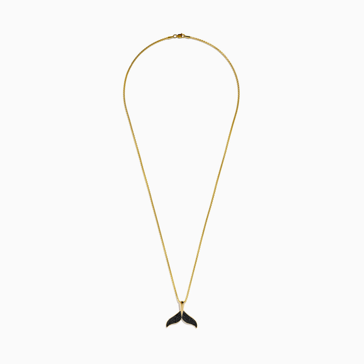 The Men's 14K Yellow Gold Black Diamond Whales Tail Pendant features black diamonds on each fin and hangs from a delicate chain, shown against a plain white background.