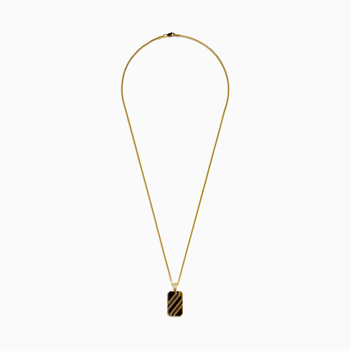 This men's 14K yellow gold dog tag pendant features black onyx, black diamonds, and a modern geometric design with chamfered corners.