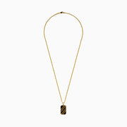 This men's 14K yellow gold dog tag pendant features black onyx, black diamonds, and a modern geometric design with chamfered corners.