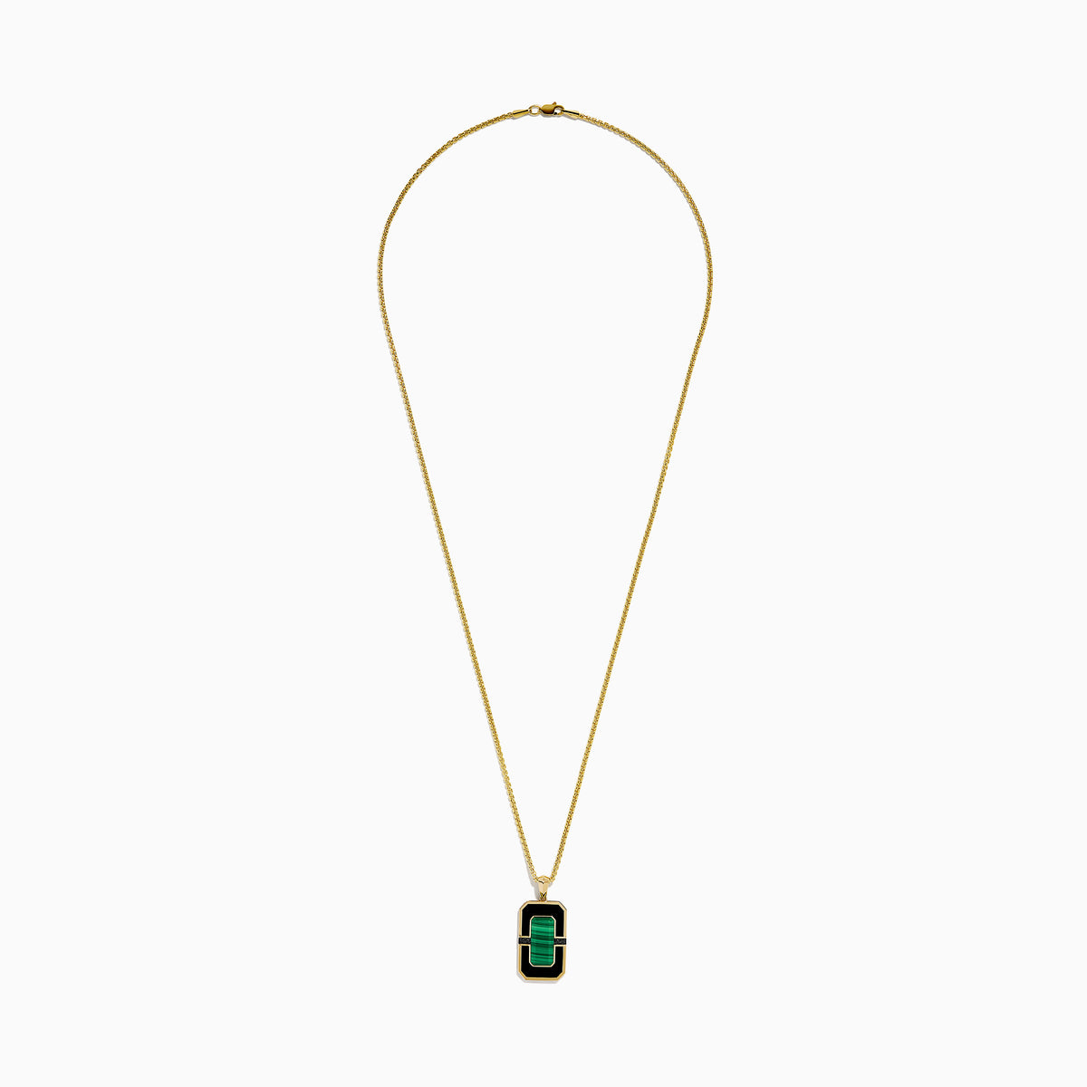 Men's 14K yellow gold dog tag pendant featuring malachite bordered by black onyx and gold accents, divided horizontally by a slim black bar with sparkling details.