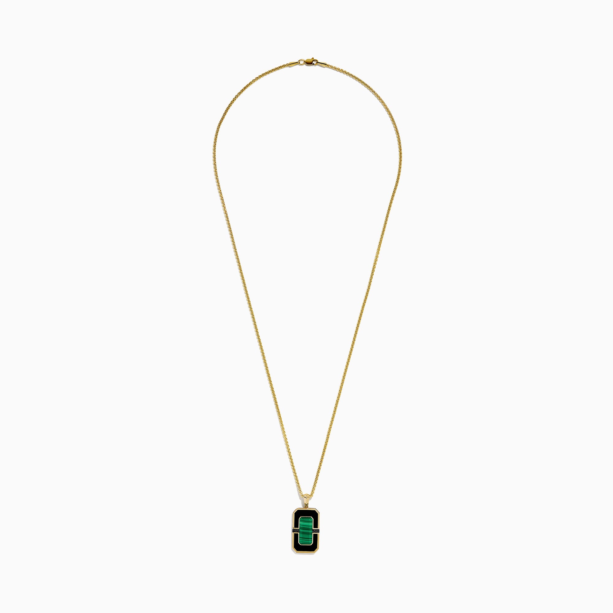 Men's 14K yellow gold dog tag pendant featuring malachite bordered by black onyx and gold accents, divided horizontally by a slim black bar with sparkling details.