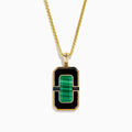 Men's 14K yellow gold dog tag pendant featuring malachite bordered by black onyx and gold accents, divided horizontally by a slim black bar with sparkling details.