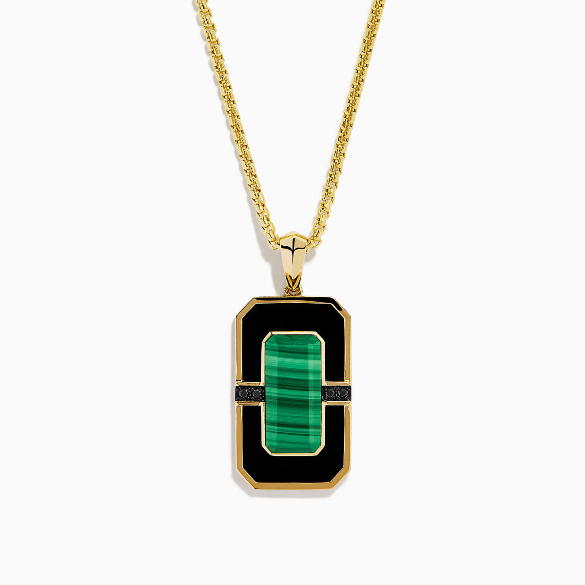 Men's 14K yellow gold dog tag pendant featuring malachite bordered by black onyx and gold accents, divided horizontally by a slim black bar with sparkling details.