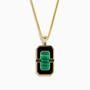 Men's 14K yellow gold dog tag pendant featuring malachite bordered by black onyx and gold accents, divided horizontally by a slim black bar with sparkling details.