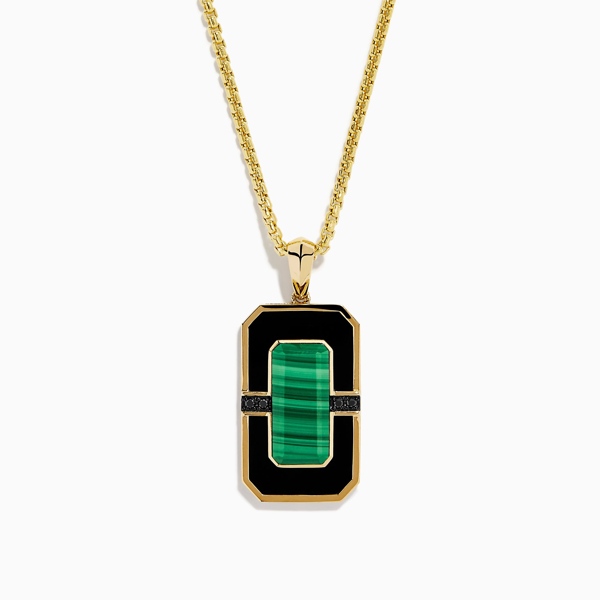 Men's 14K yellow gold dog tag pendant featuring malachite bordered by black onyx and gold accents, divided horizontally by a slim black bar with sparkling details.