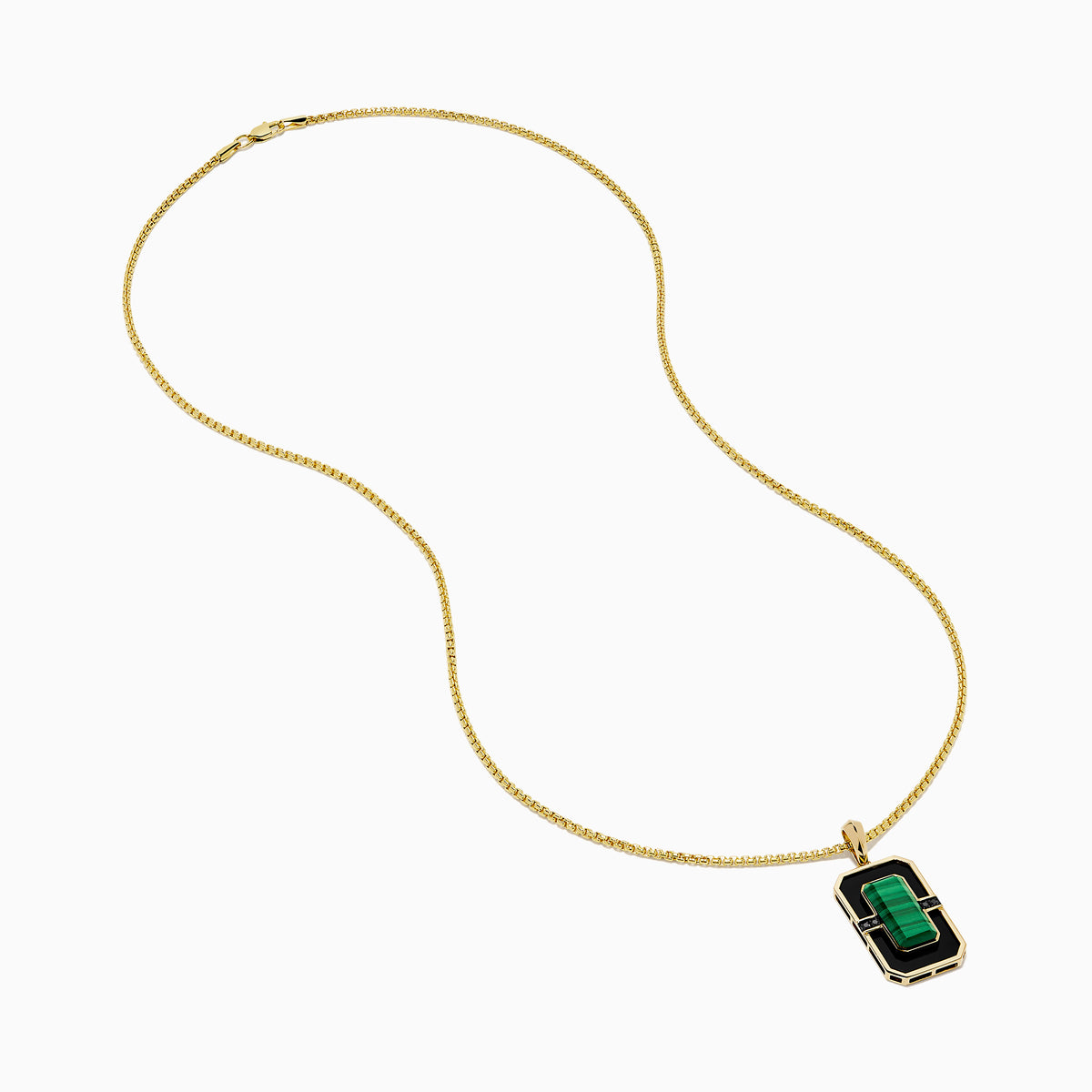 Men's 14K yellow gold dog tag pendant featuring malachite bordered by black onyx and gold accents, divided horizontally by a slim black bar with sparkling details.