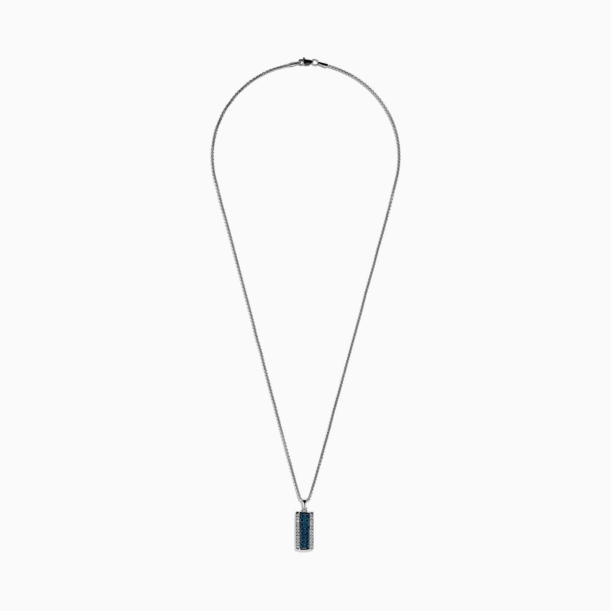 The Men's 14K White Gold White and Blue Diamond Dog Tag Pendant features a silver tag with a vertical row of blue diamonds bordered by clear gemstones, crafted in polished 14K white gold.