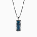 The Men's 14K White Gold White and Blue Diamond Dog Tag Pendant features a silver tag with a vertical row of blue diamonds bordered by clear gemstones, crafted in polished 14K white gold.