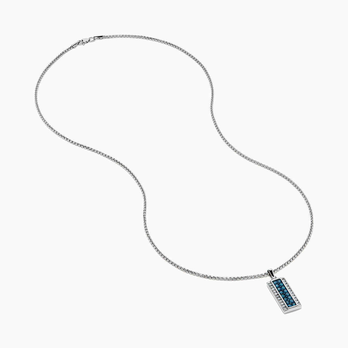 The Men's 14K White Gold White and Blue Diamond Dog Tag Pendant features a silver tag with a vertical row of blue diamonds bordered by clear gemstones, crafted in polished 14K white gold.